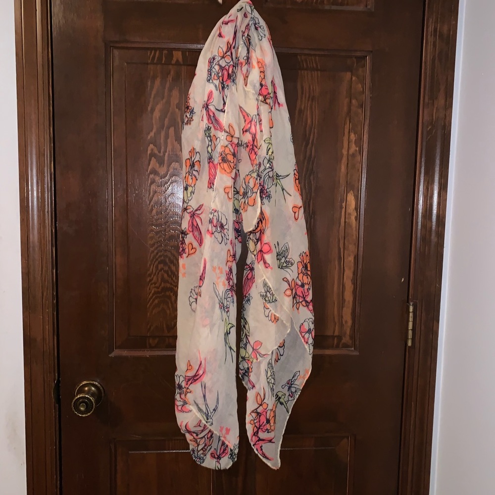Charlotte Russe Cream & Pink & Orange Floral with Birds and Butterflies Scarf